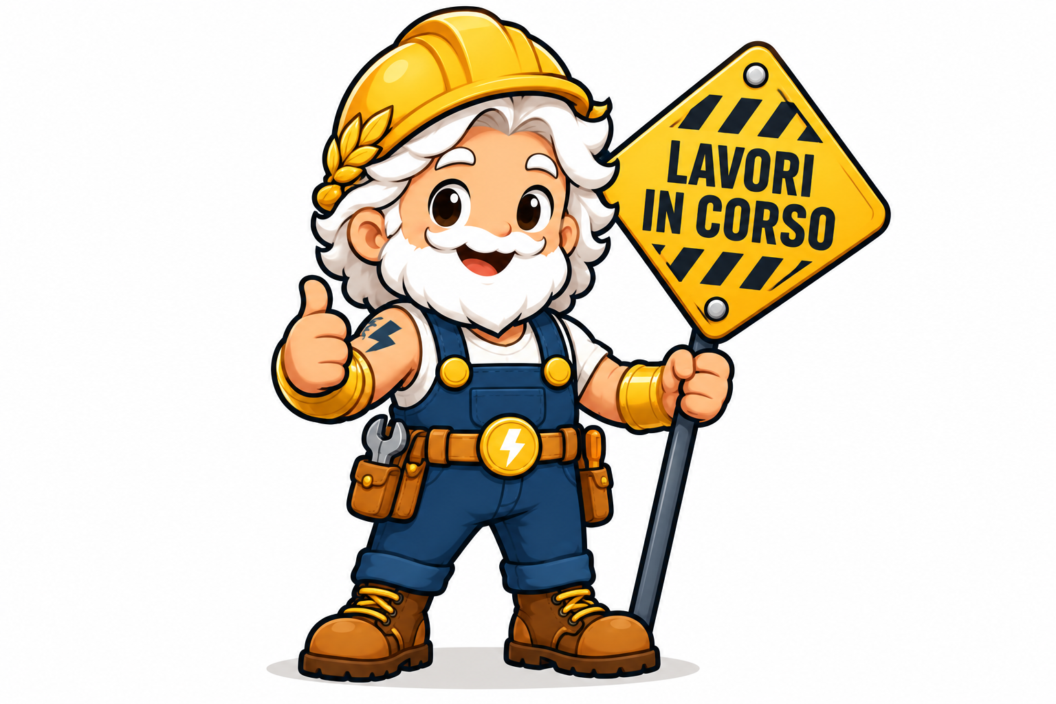 Zeus con casco da lavoro e cartello Lavori in corso